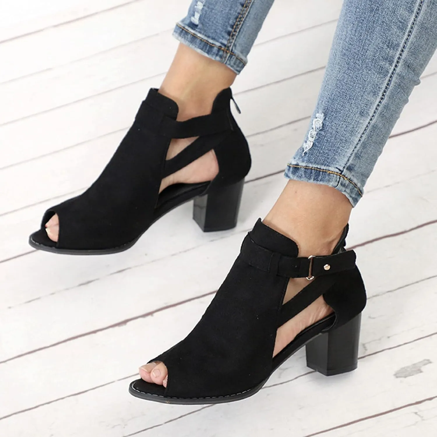 Wedge Dress Shoes for Women Back Zipper Chunky Heels Peep Toe Ankle Booties Dressy Short Heels Block Heel Sandals