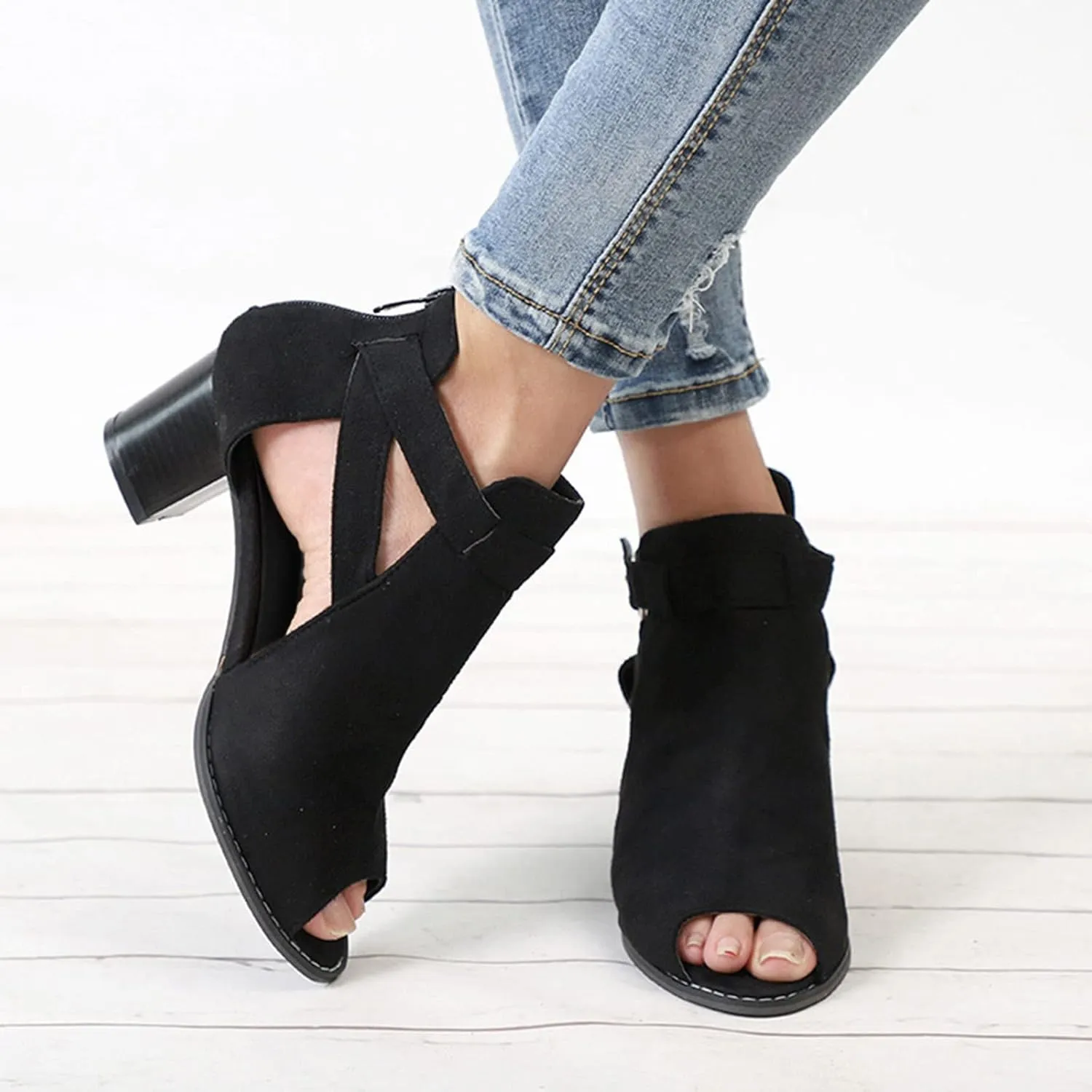 Wedge Dress Shoes for Women Back Zipper Chunky Heels Peep Toe Ankle Booties Dressy Short Heels Block Heel Sandals