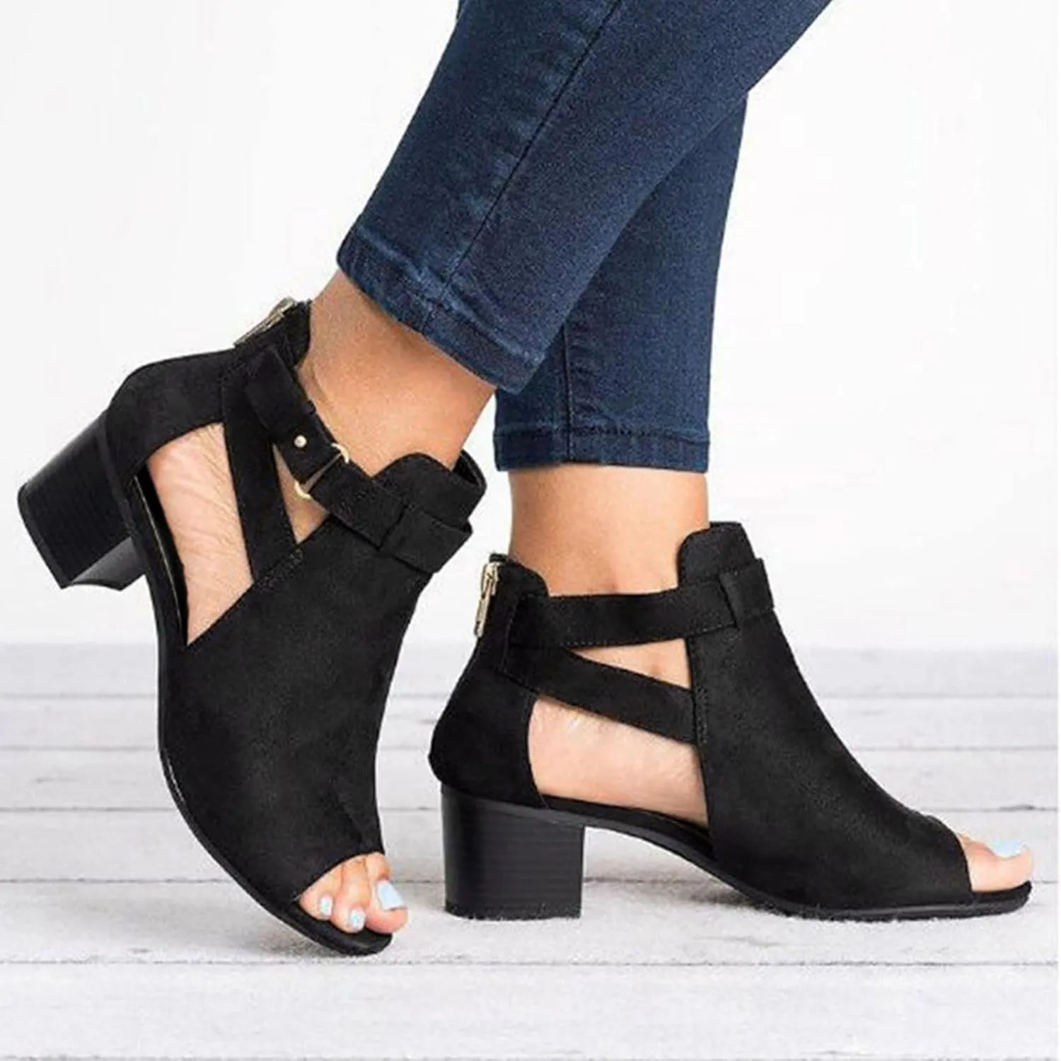 Wedge Dress Shoes for Women Back Zipper Chunky Heels Peep Toe Ankle Booties Dressy Short Heels Block Heel Sandals