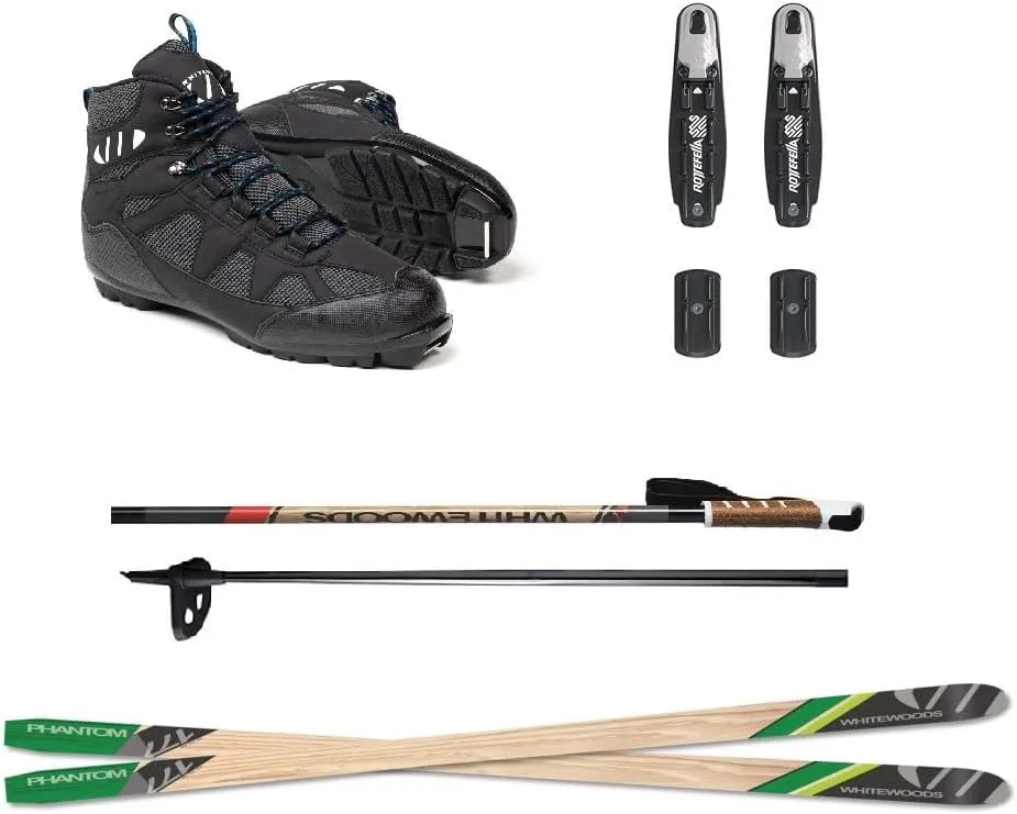 Whitewoods Phantom Adult Light-Touring, Metal Edge Cross-Country NNN Ski Package - Skis, Boots, Bindings, Poles | 177CM (for Skiers 131-160 lbs.)