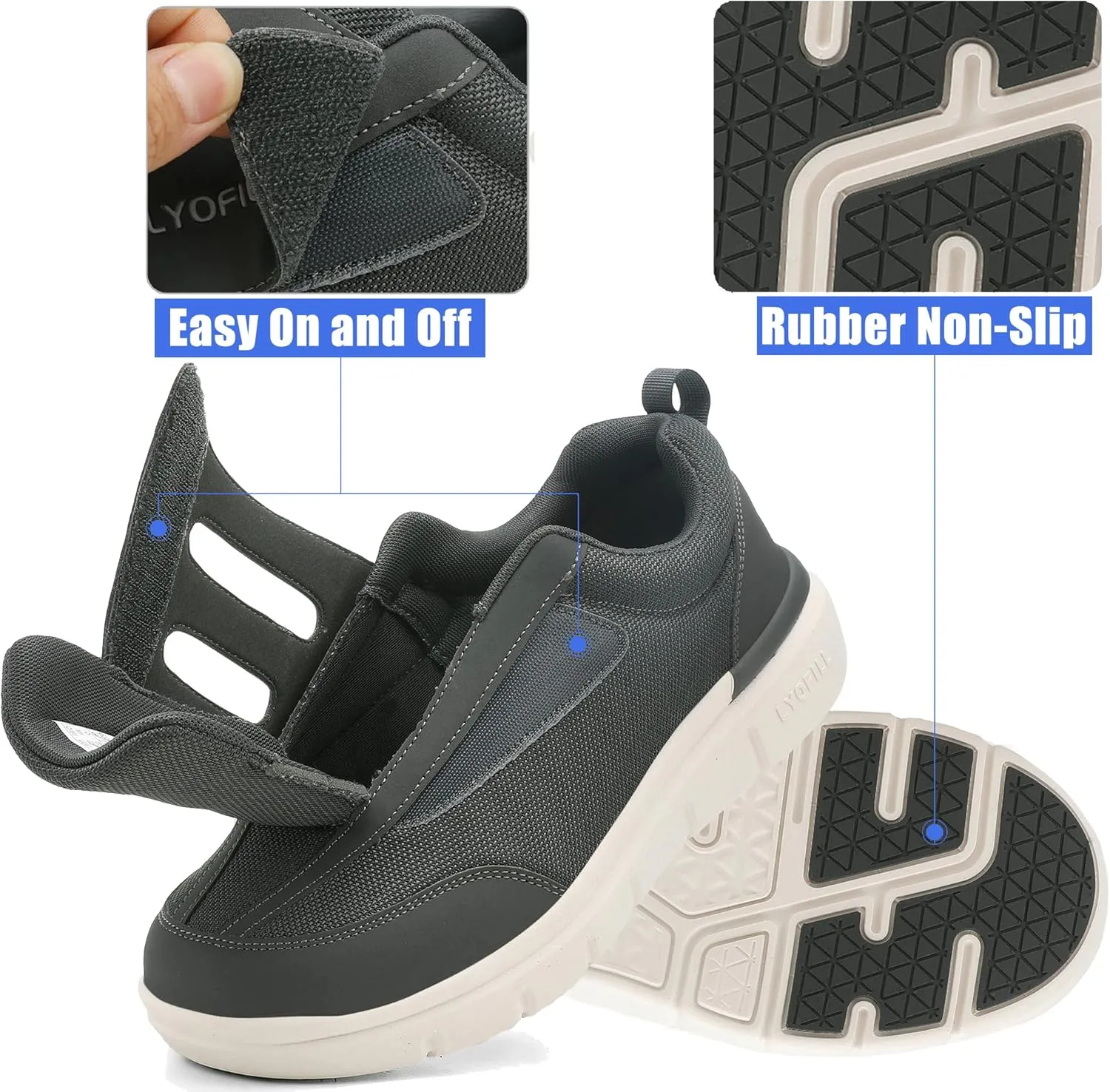 Wide Toe Box Walking Shoes Men Lace-Free Adjustable Extra Wide Width Sneaker Slip on Loafers Diabetic Shoes with Arch Support for Swollen Feet Pain Relief