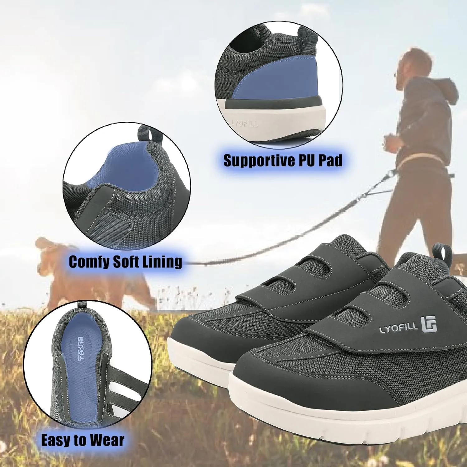 Wide Toe Box Walking Shoes Men Lace-Free Adjustable Extra Wide Width Sneaker Slip on Loafers Diabetic Shoes with Arch Support for Swollen Feet Pain Relief