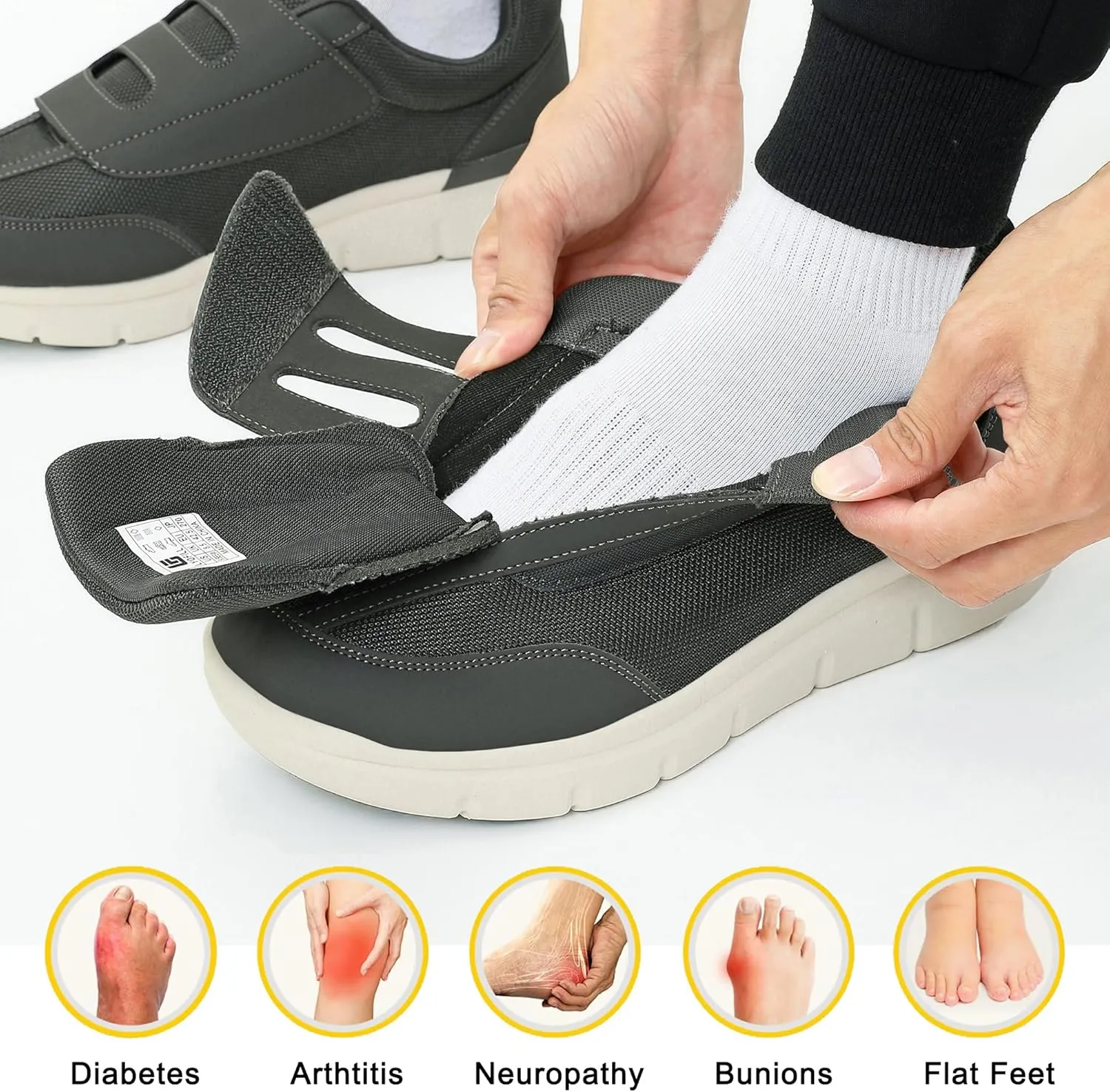 Wide Toe Box Walking Shoes Men Lace-Free Adjustable Extra Wide Width Sneaker Slip on Loafers Diabetic Shoes with Arch Support for Swollen Feet Pain Relief
