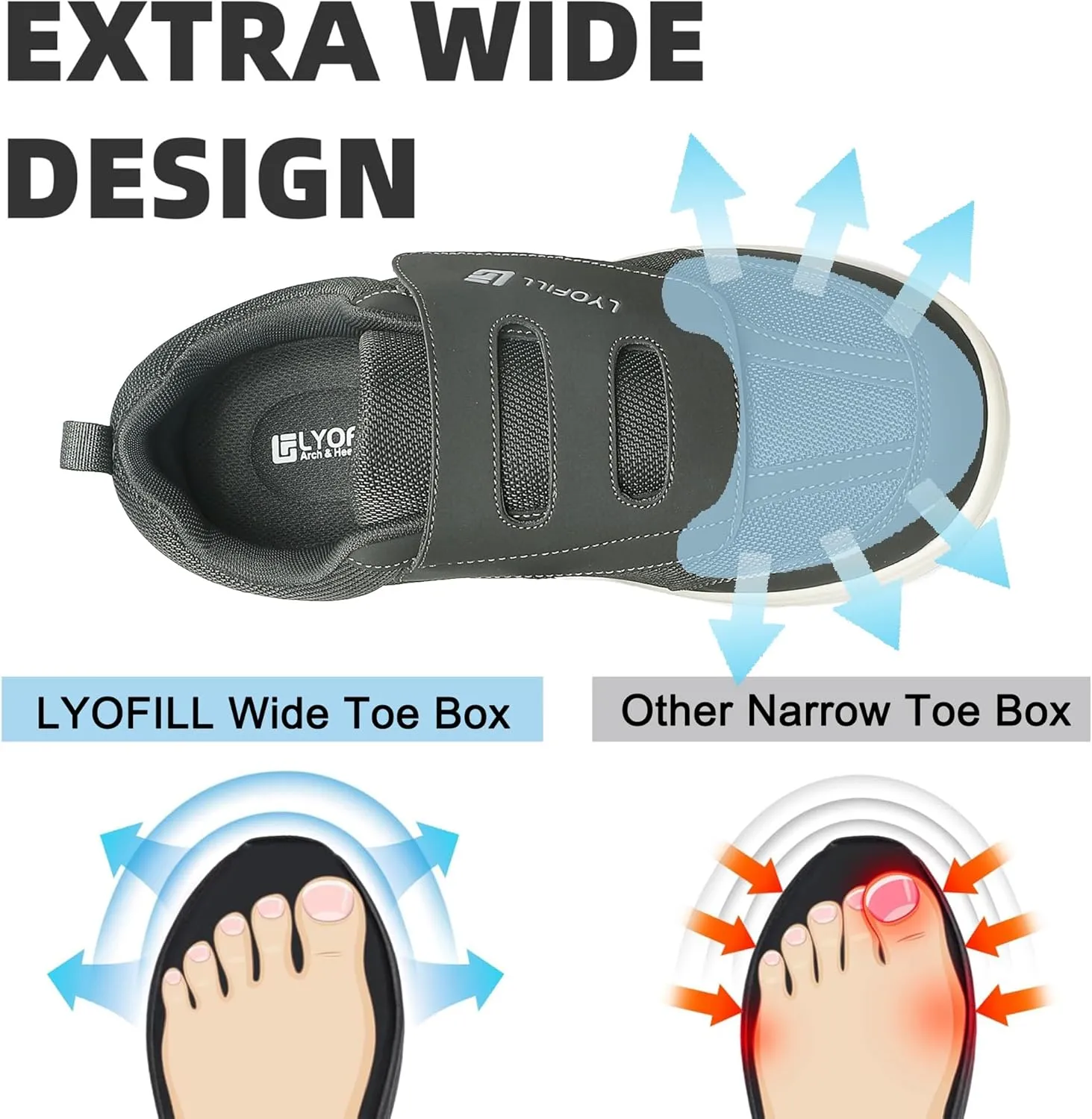 Wide Toe Box Walking Shoes Men Lace-Free Adjustable Extra Wide Width Sneaker Slip on Loafers Diabetic Shoes with Arch Support for Swollen Feet Pain Relief