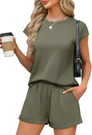 WIHOLL 2 Piece Sets for Women Casual Summer Travel Vacation Outfits Cap Sleeve Shorts Lounge Set