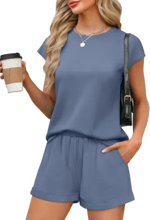 WIHOLL 2 Piece Sets for Women Casual Summer Travel Vacation Outfits Cap Sleeve Shorts Lounge Set