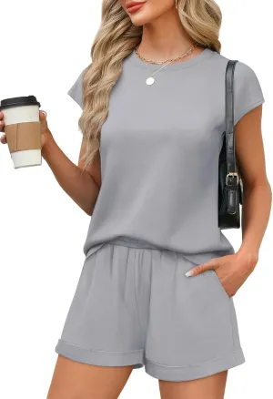 WIHOLL 2 Piece Sets for Women Casual Summer Travel Vacation Outfits Cap Sleeve Shorts Lounge Set