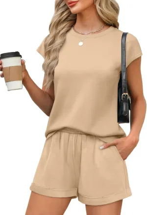 WIHOLL 2 Piece Sets for Women Casual Summer Travel Vacation Outfits Cap Sleeve Shorts Lounge Set