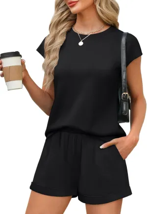 WIHOLL 2 Piece Sets for Women Casual Summer Travel Vacation Outfits Cap Sleeve Shorts Lounge Set