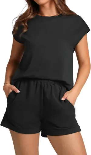 WIHOLL 2 Piece Sets for Women Casual Summer Travel Vacation Outfits Cap Sleeve Shorts Lounge Set