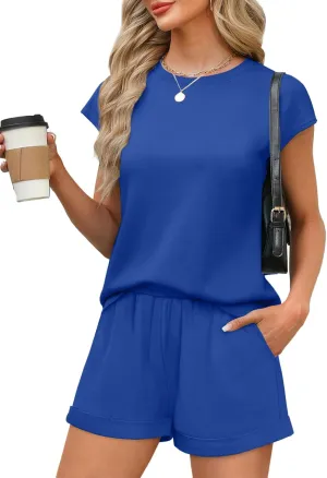 WIHOLL 2 Piece Sets for Women Casual Summer Travel Vacation Outfits Cap Sleeve Shorts Lounge Set