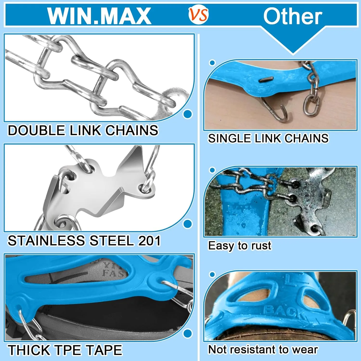 WIN.MAX Crampons for Shoes, Traction Cleats Ice Snow Grips with 19 Stainless Steel Spikes, Shoe Talons Anti - Slip Boots Spikes for Walking, Jogging, Climbing and Hiking