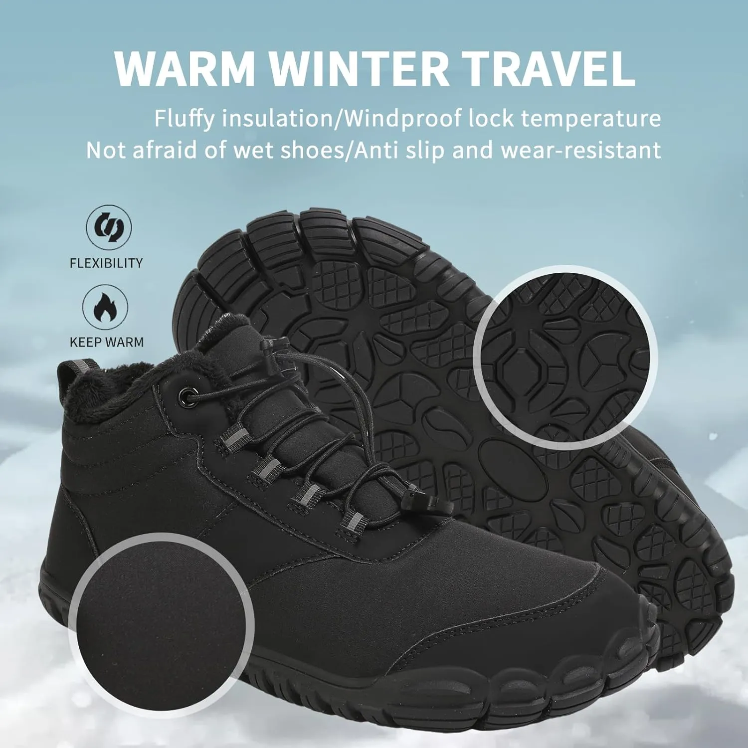 Winter Hike Barefoot Boots,Warm Zero Drop Snow Boot Slip On Barefoot Footwear - Minimalist Warm zero Drop, Non-Slip Snow Boots, Wide Fit Barefoot Boots for Women & Men