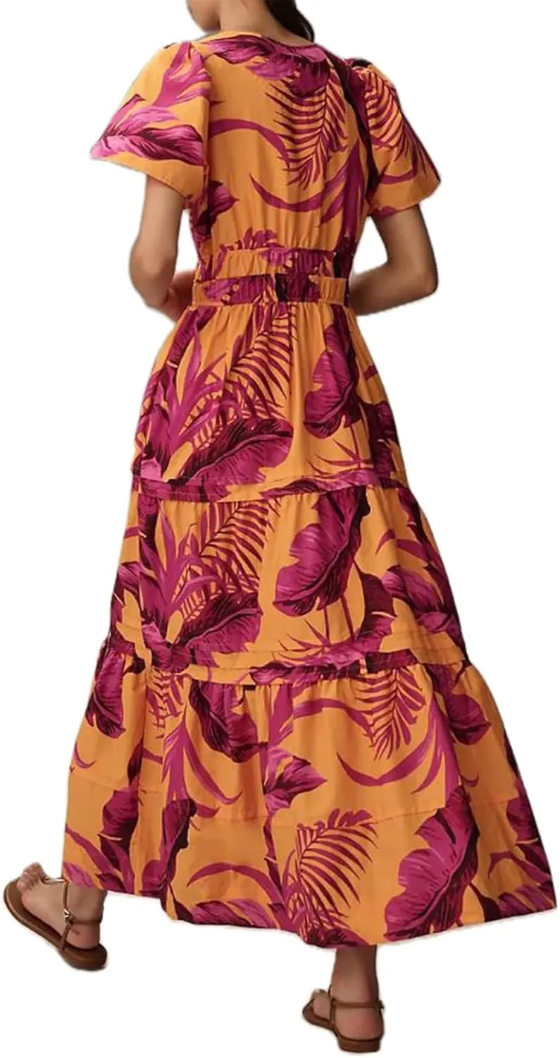 Women Boho Maxi Dress Short Sleeve V Neck Floral Print Loose Flowy Long Dress Aline Tiered Ruffle Beach Dress