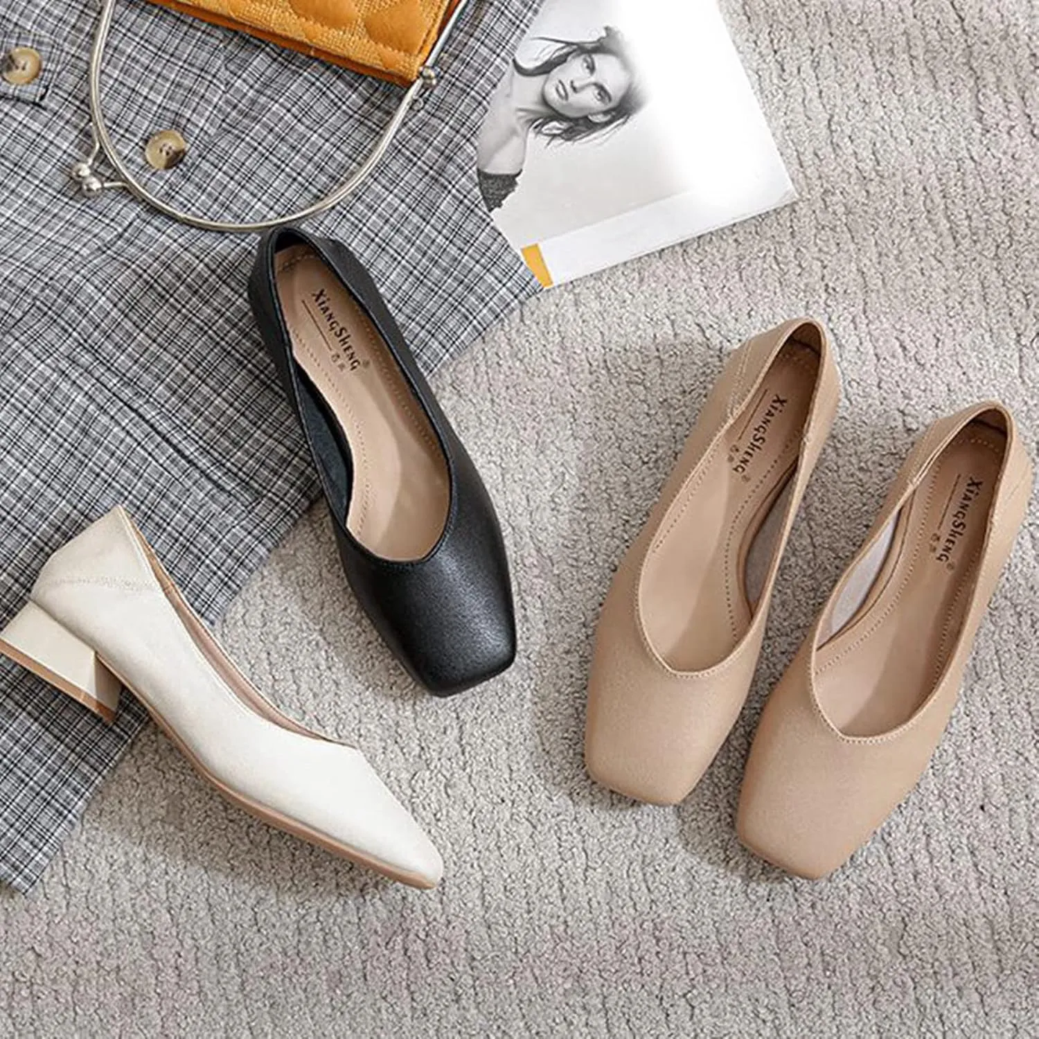 Women Casual Low Block Heel Slip on Pumps Square Toe Solid Color Leather Dress Office Work Shoes