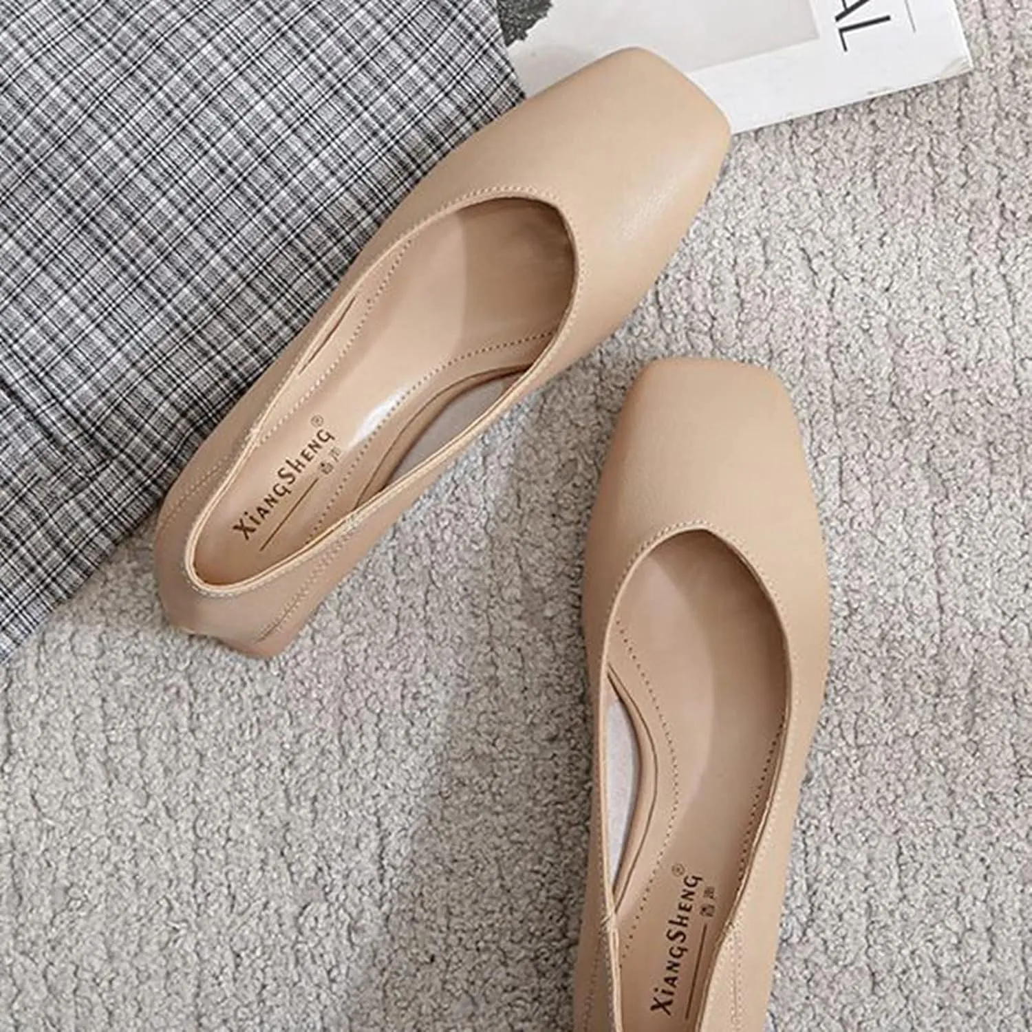 Women Casual Low Block Heel Slip on Pumps Square Toe Solid Color Leather Dress Office Work Shoes