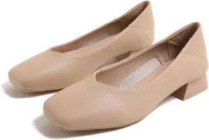 Women Casual Low Block Heel Slip on Pumps Square Toe Solid Color Leather Dress Office Work Shoes
