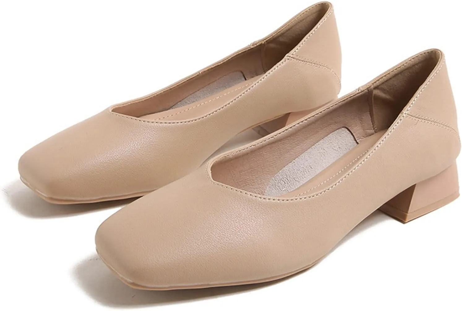 Women Casual Low Block Heel Slip on Pumps Square Toe Solid Color Leather Dress Office Work Shoes