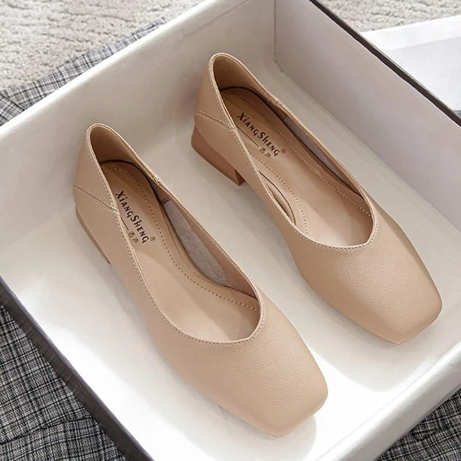 Women Casual Low Block Heel Slip on Pumps Square Toe Solid Color Leather Dress Office Work Shoes