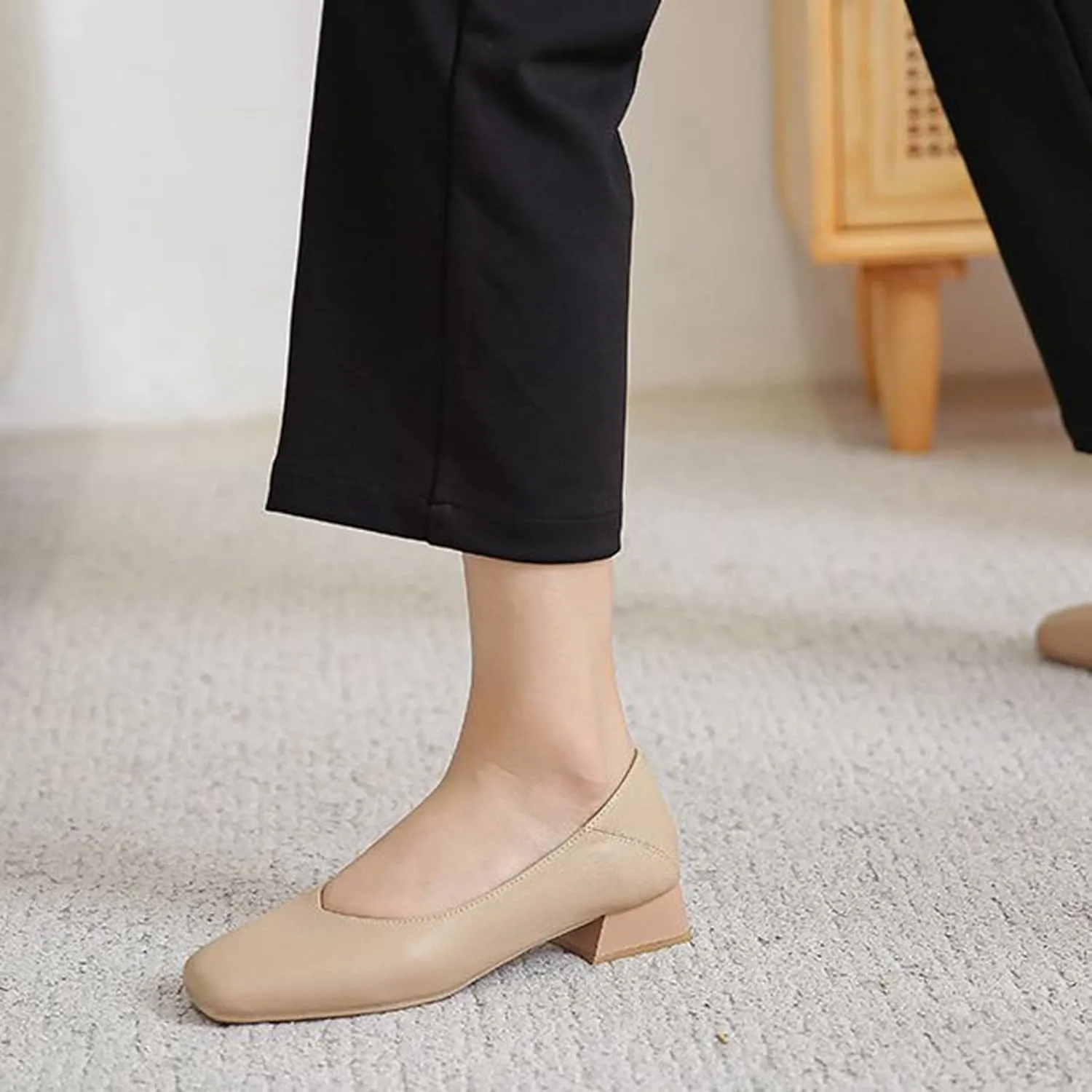 Women Casual Low Block Heel Slip on Pumps Square Toe Solid Color Leather Dress Office Work Shoes