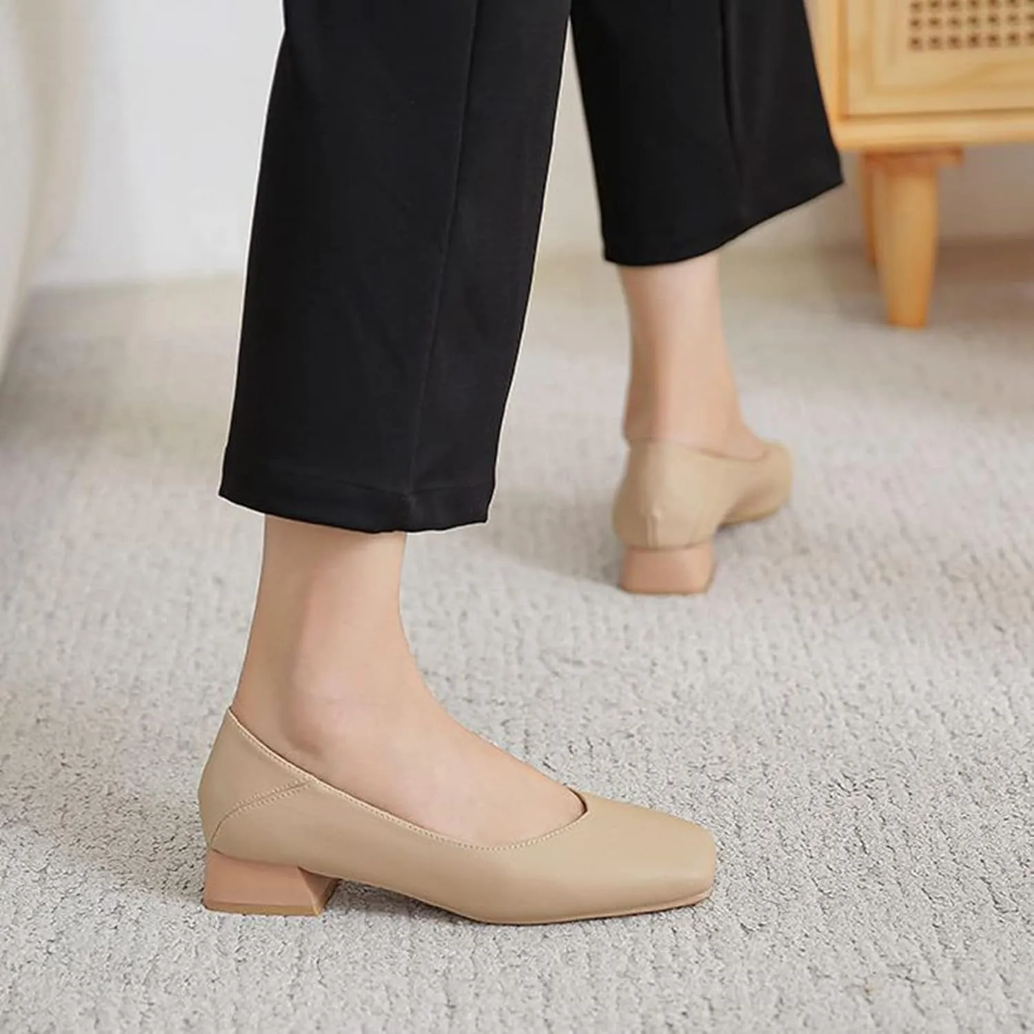 Women Casual Low Block Heel Slip on Pumps Square Toe Solid Color Leather Dress Office Work Shoes