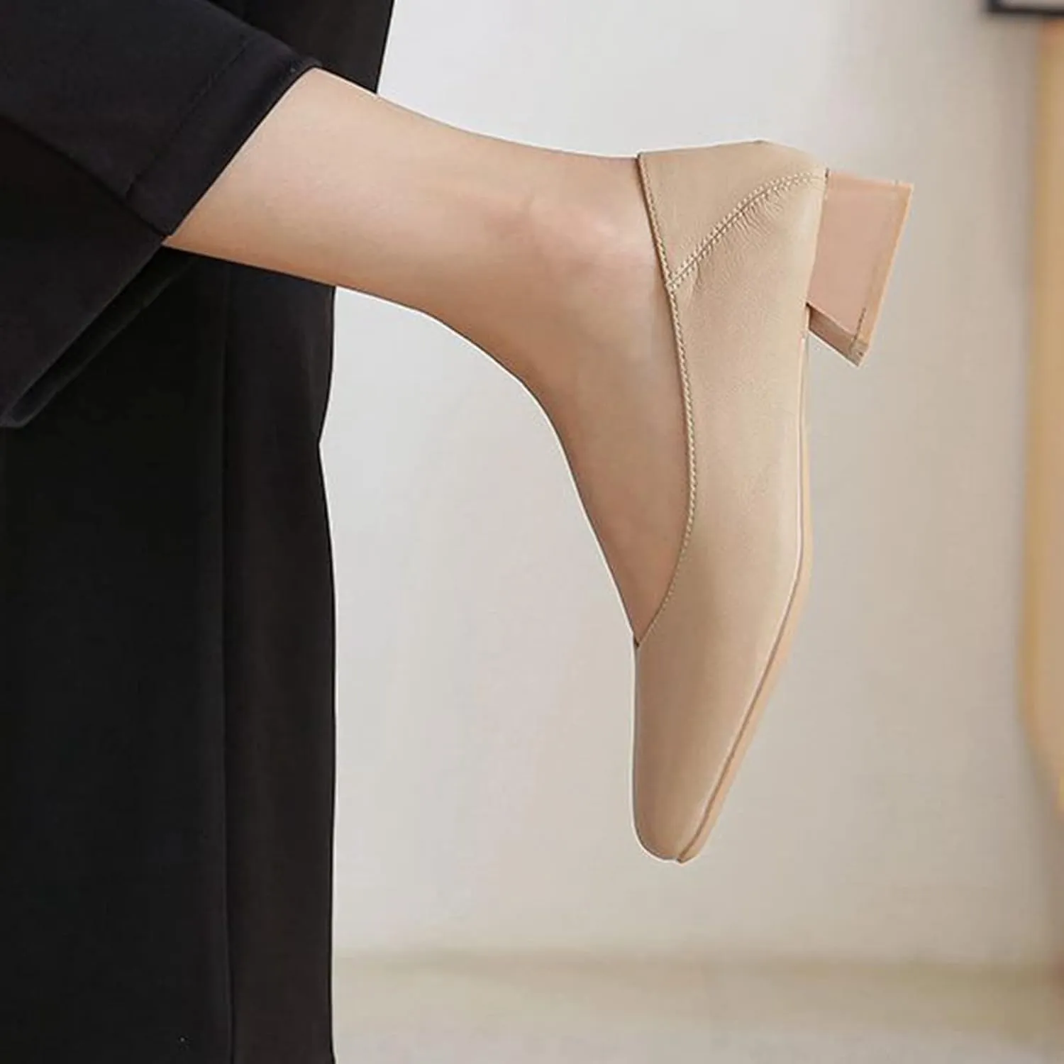 Women Casual Low Block Heel Slip on Pumps Square Toe Solid Color Leather Dress Office Work Shoes