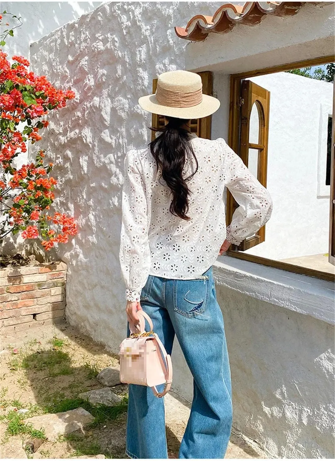 Women Cotton White Lace Shirts Vintage Hollow Out Floral Embroidery Long Sleeve V Neck Blouse