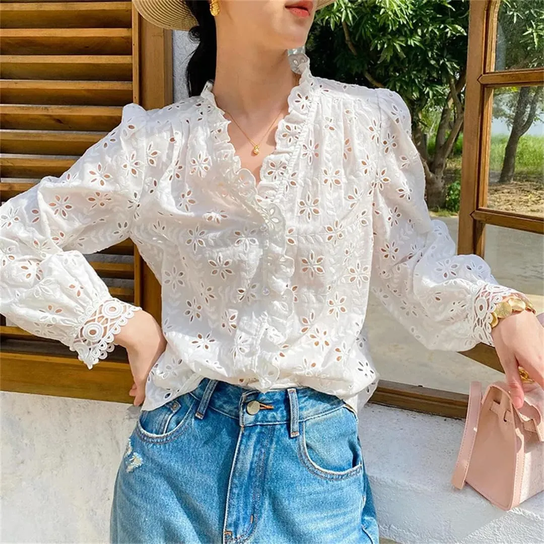 Women Cotton White Lace Shirts Vintage Hollow Out Floral Embroidery Long Sleeve V Neck Blouse