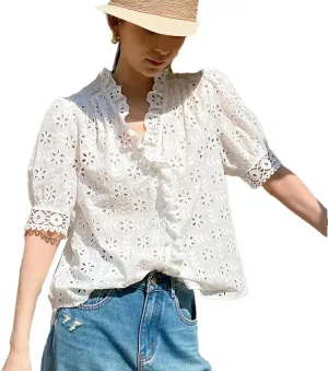 Women Cotton White Lace Shirts Vintage Hollow Out Floral Embroidery Long Sleeve V Neck Blouse