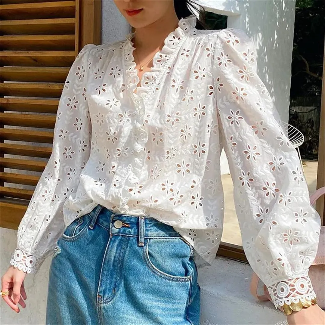 Women Cotton White Lace Shirts Vintage Hollow Out Floral Embroidery Long Sleeve V Neck Blouse