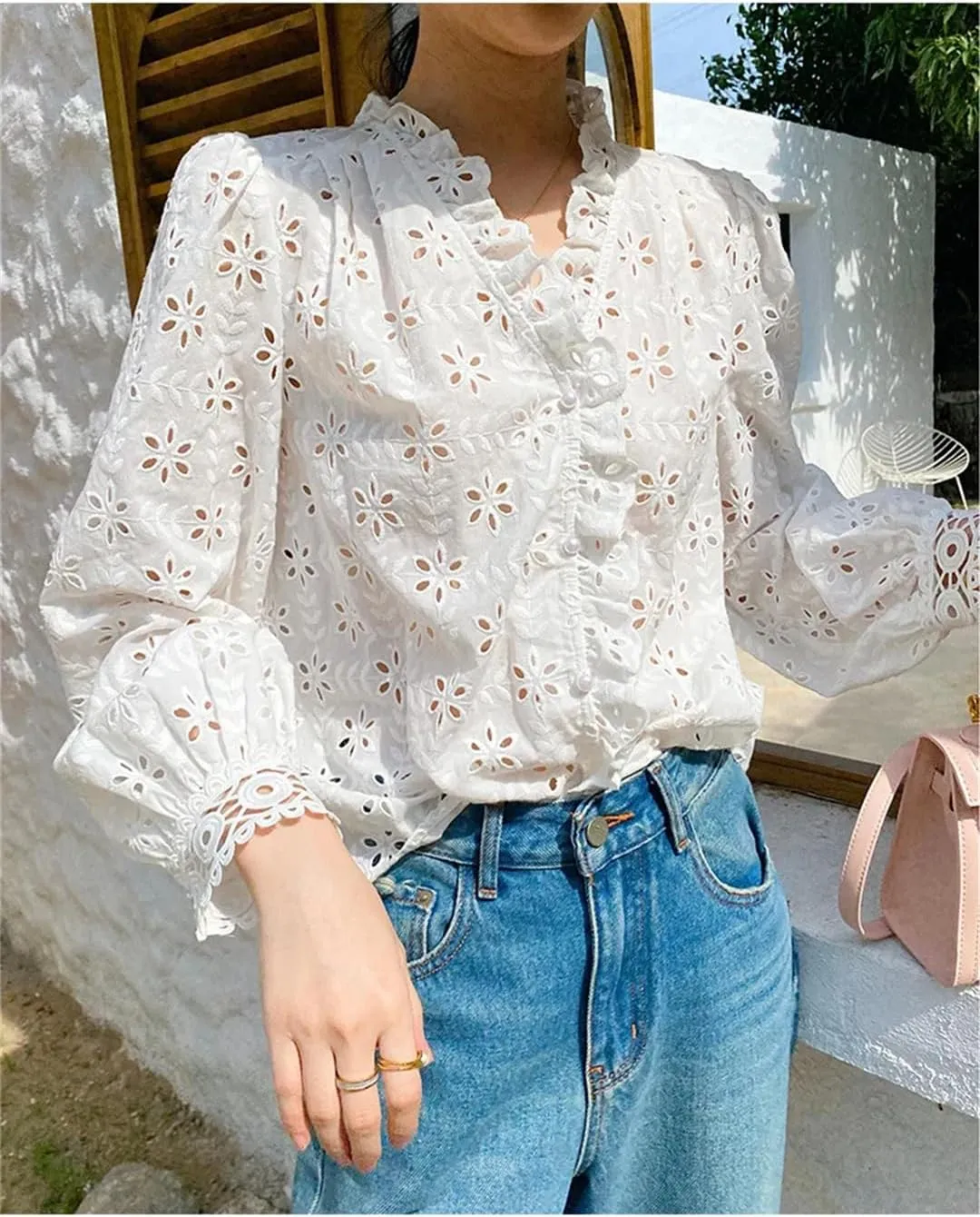 Women Cotton White Lace Shirts Vintage Hollow Out Floral Embroidery Long Sleeve V Neck Blouse