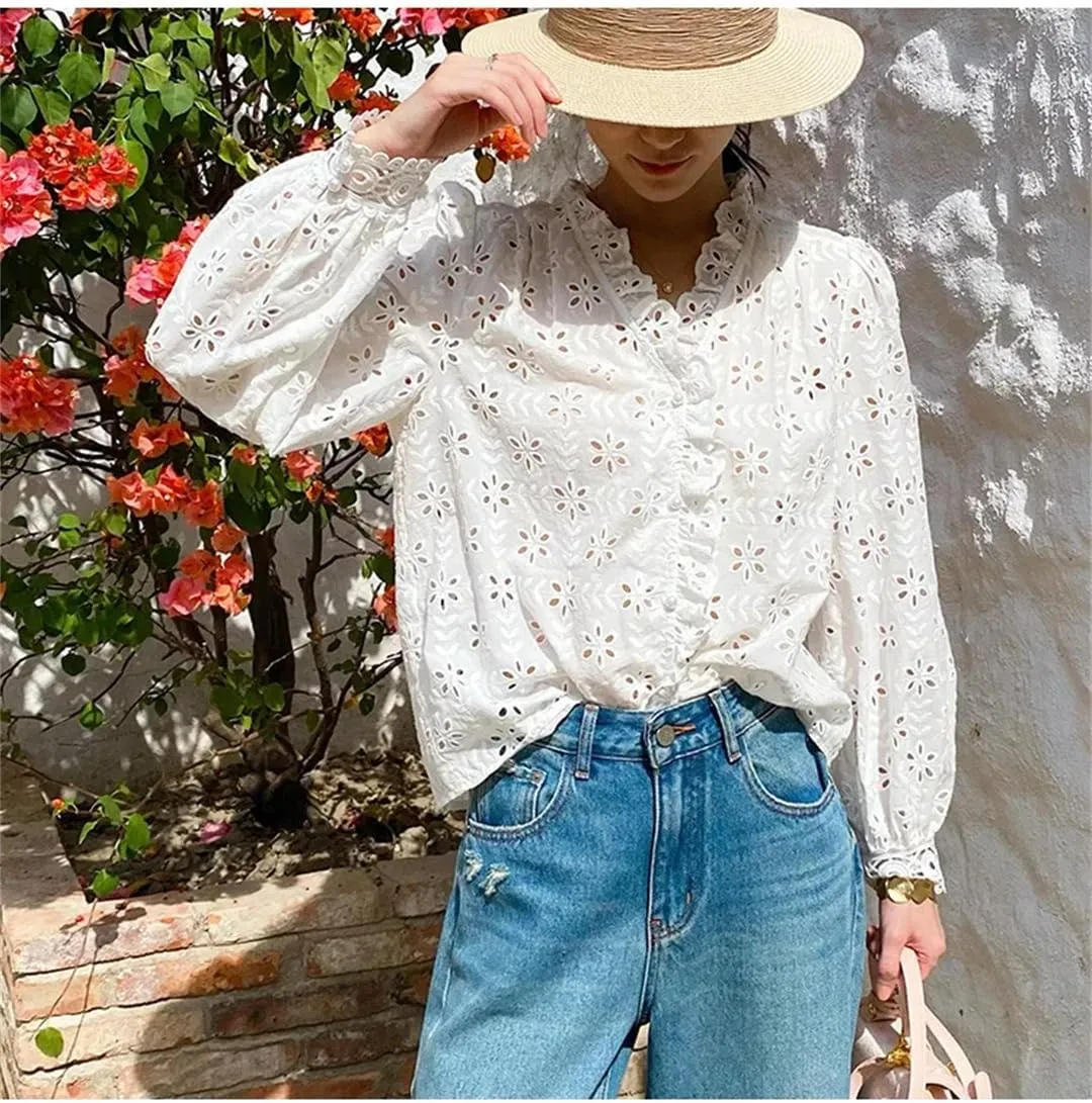 Women Cotton White Lace Shirts Vintage Hollow Out Floral Embroidery Long Sleeve V Neck Blouse
