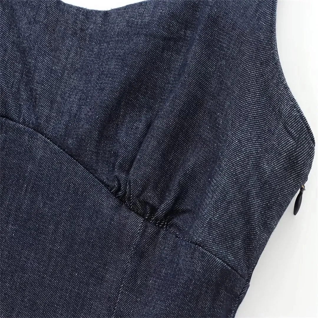 Women Denim Slip Dress Basic Sleeveless Backless Appear Slim Front Bottom Slit Long