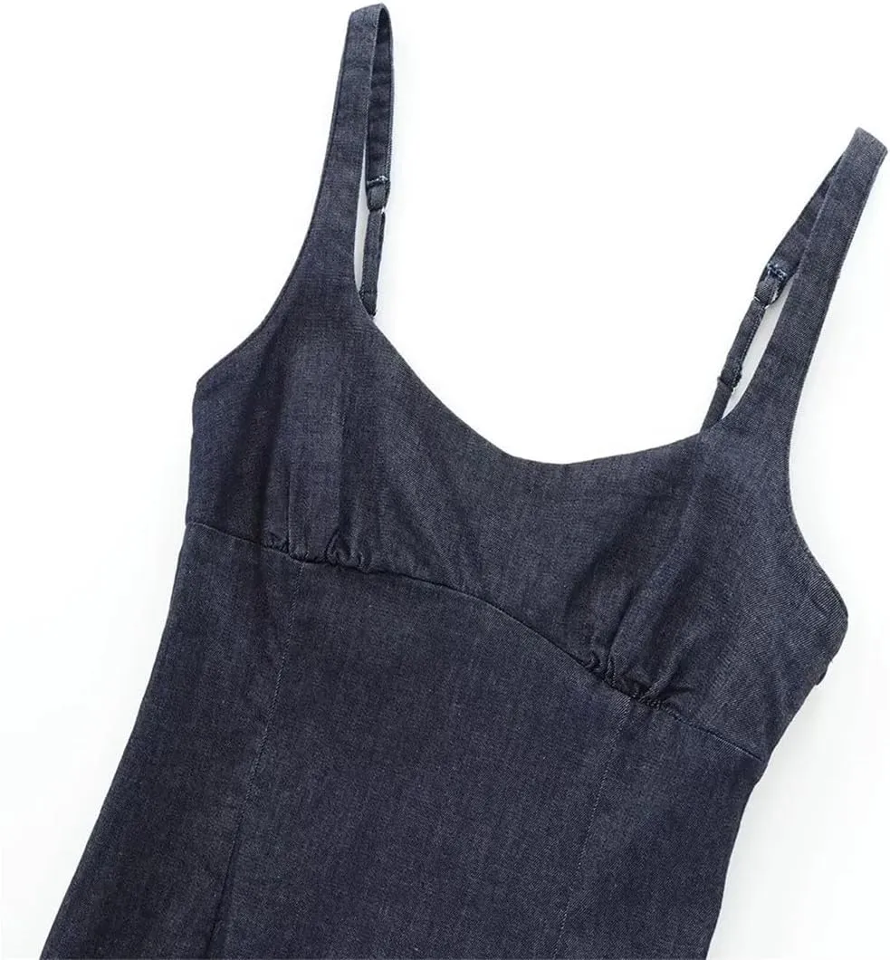 Women Denim Slip Dress Basic Sleeveless Backless Appear Slim Front Bottom Slit Long
