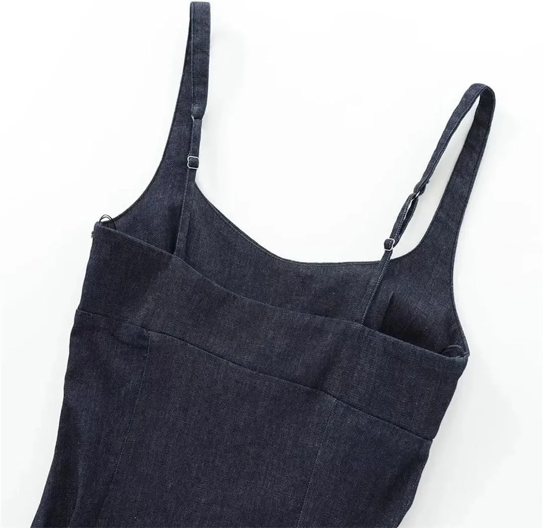 Women Denim Slip Dress Basic Sleeveless Backless Appear Slim Front Bottom Slit Long