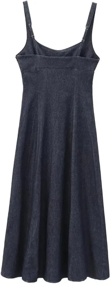 Women Denim Slip Dress Basic Sleeveless Backless Appear Slim Front Bottom Slit Long