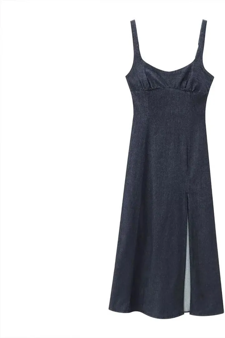 Women Denim Slip Dress Basic Sleeveless Backless Appear Slim Front Bottom Slit Long