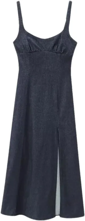 Women Denim Slip Dress Basic Sleeveless Backless Appear Slim Front Bottom Slit Long