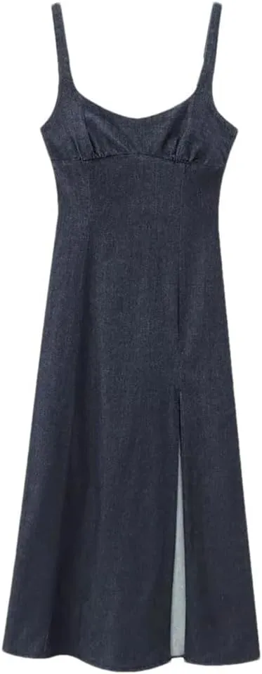 Women Denim Slip Dress Basic Sleeveless Backless Appear Slim Front Bottom Slit Long