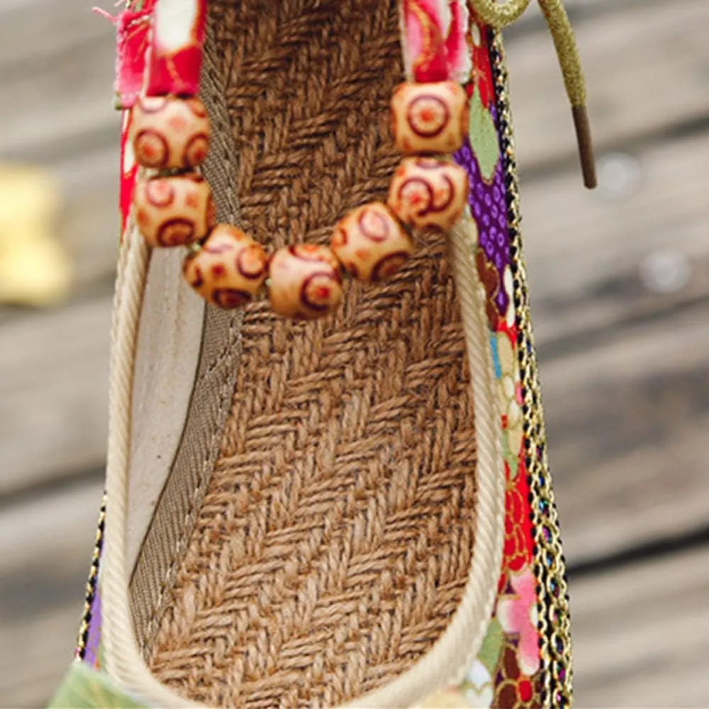 Women Ethnic Flat Shoes Retro Beading Round Toe Colorful Loafers Women's Casual Embroidered Flower Canvas Mary Jane Shoes