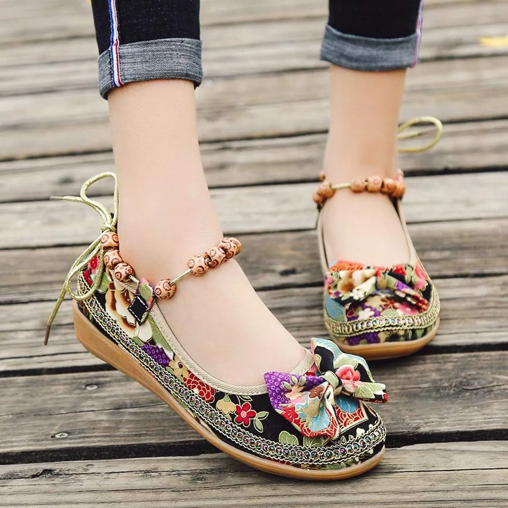 Women Ethnic Flat Shoes Retro Beading Round Toe Colorful Loafers Women's Casual Embroidered Flower Canvas Mary Jane Shoes