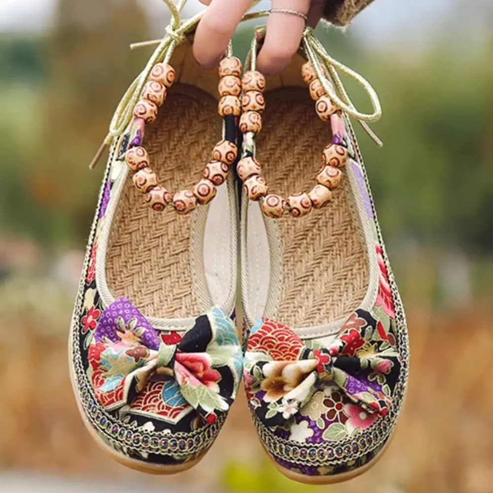 Women Ethnic Flat Shoes Retro Beading Round Toe Colorful Loafers Women's Casual Embroidered Flower Canvas Mary Jane Shoes