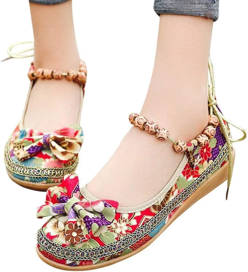 Women Ethnic Flat Shoes Retro Beading Round Toe Colorful Loafers Women's Casual Embroidered Flower Canvas Mary Jane Shoes