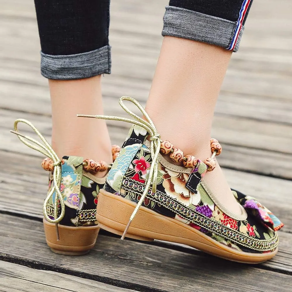 Women Ethnic Flat Shoes Retro Beading Round Toe Colorful Loafers Women's Casual Embroidered Flower Canvas Mary Jane Shoes