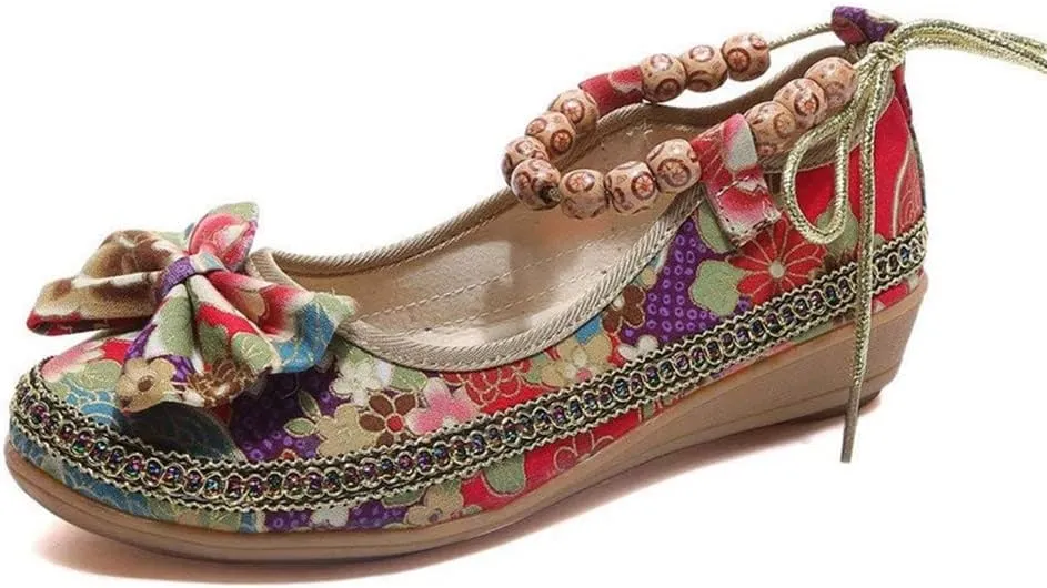 Women Ethnic Flat Shoes Retro Beading Round Toe Colorful Loafers Women's Casual Embroidered Flower Canvas Mary Jane Shoes