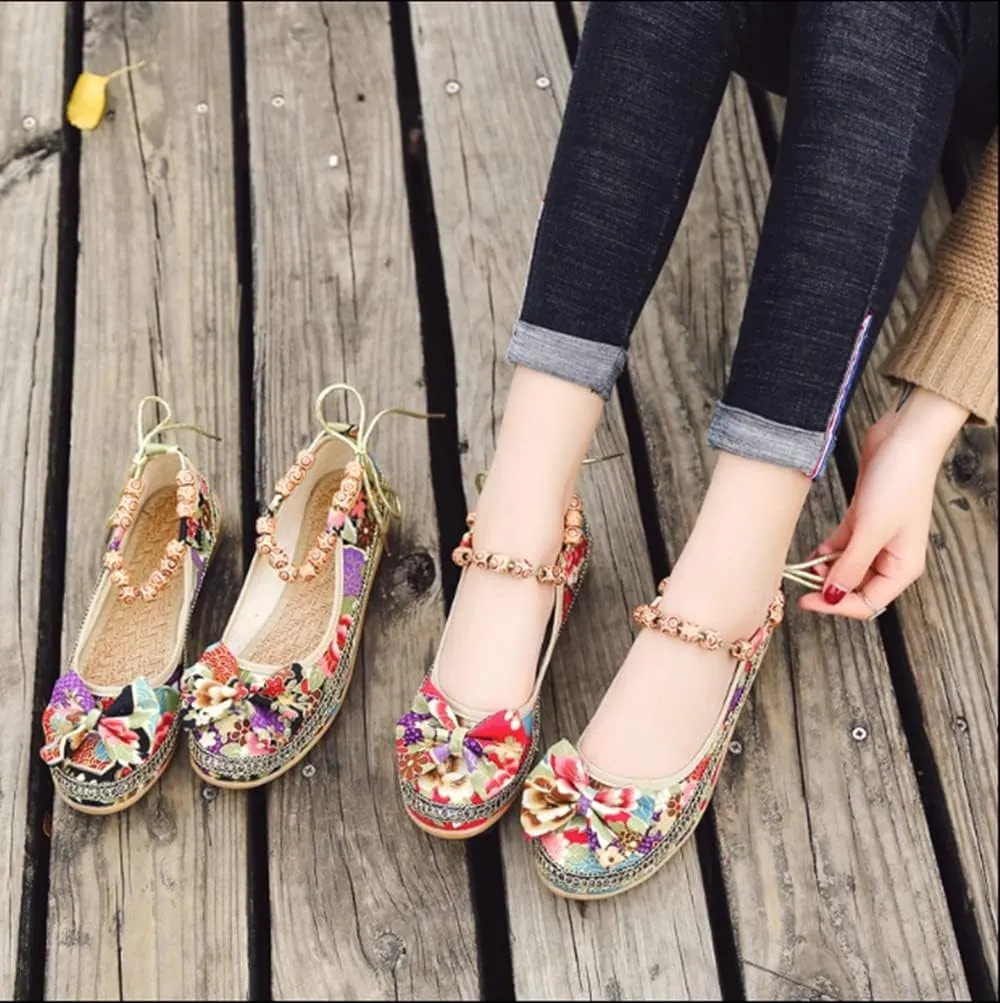 Women Ethnic Flat Shoes Retro Beading Round Toe Colorful Loafers Women's Casual Embroidered Flower Canvas Mary Jane Shoes
