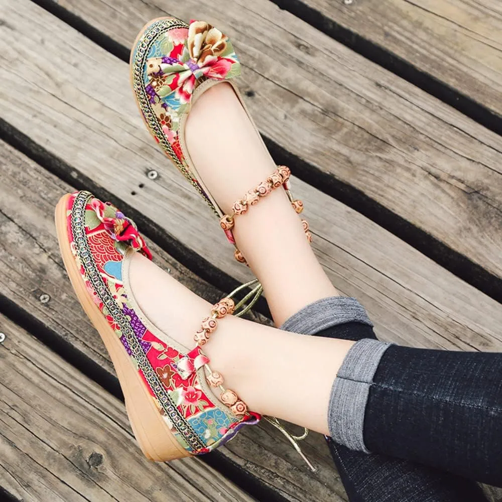 Women Ethnic Flat Shoes Retro Beading Round Toe Colorful Loafers Women's Casual Embroidered Flower Canvas Mary Jane Shoes