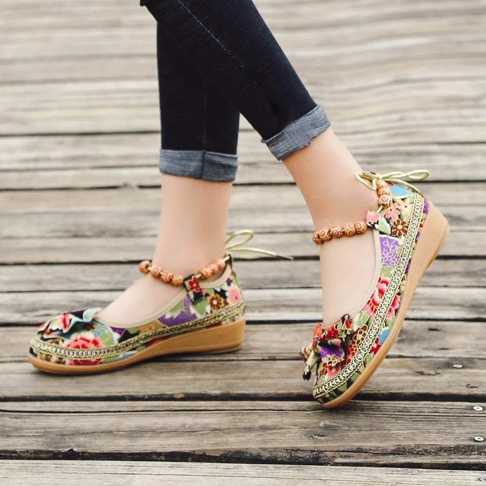 Women Ethnic Flat Shoes Retro Beading Round Toe Colorful Loafers Women's Casual Embroidered Flower Canvas Mary Jane Shoes