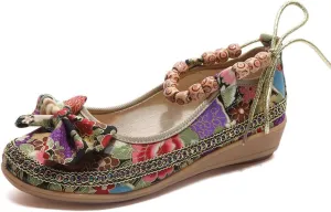 Women Ethnic Flat Shoes Retro Beading Round Toe Colorful Loafers Women's Casual Embroidered Flower Canvas Mary Jane Shoes