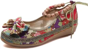 Women Ethnic Flat Shoes Retro Beading Round Toe Colorful Loafers Women's Casual Embroidered Flower Canvas Mary Jane Shoes